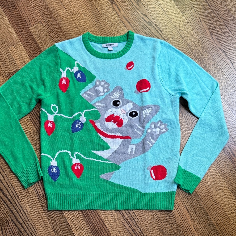 Cat in Christmas Tree Crewneck Sweater - Green and Blue